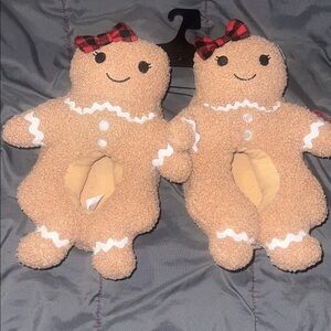 Gingerbread Plush Slippers with Red Plaid Bows